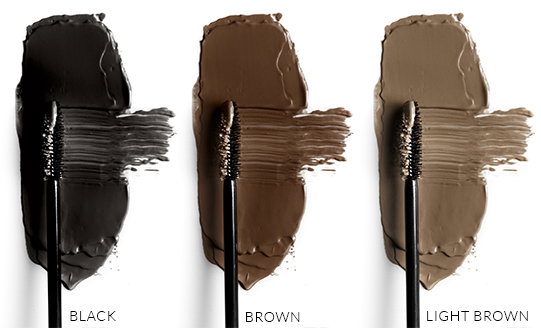 Three mascara wands showing color swatches and shade names below